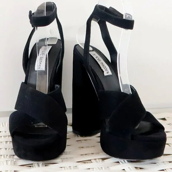 Steve Madden Jodi Black Suede Leather Platform Ankle Strap High Heel Sandals 7 - Picture 4 of 14
